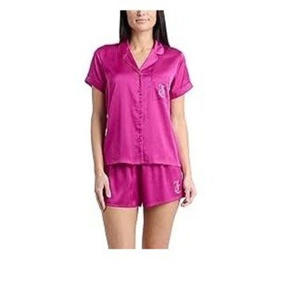Juicy Couture‎ Womens Pink Rhinestone Logo Pajama Set Short Sleeve Shorts Medium